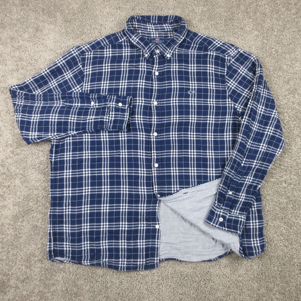 Vineyard Vines Shirt Mens 2XL Blue Plaid Classic Fit Whale Flannel Button Up